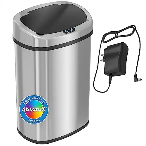 SensorCan 13 Gallon Trash Can Kitchen Garbage Can with AC Adapter and Odor Filter, Stainless Steel Home Office Home Office Work Bedroom Living Room Garage Trashcan Wastebasket Slim Lage Capacity